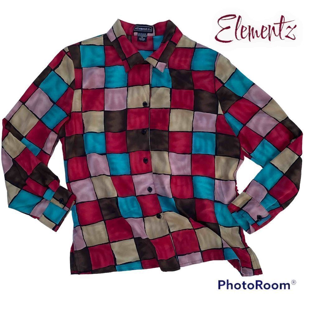Elementz SZ M Woman’s Colorful Block Print Button Down Blouse/Top